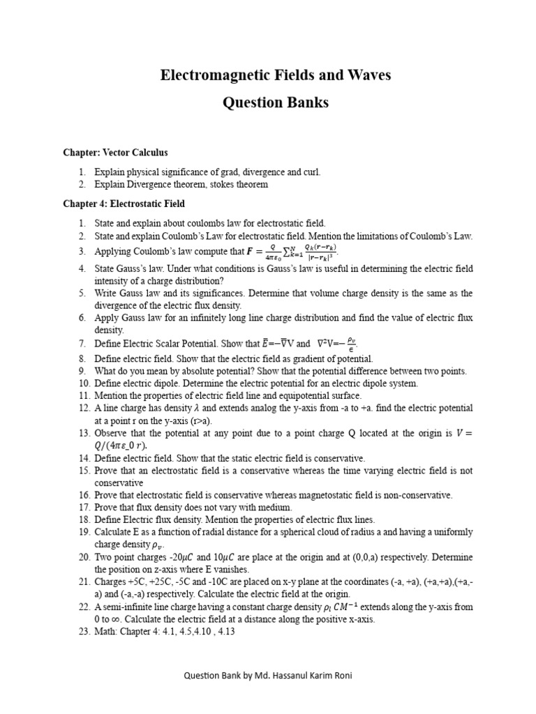 EM Field Question Bank [v1] | PDF | Electric Field | Electrostatics