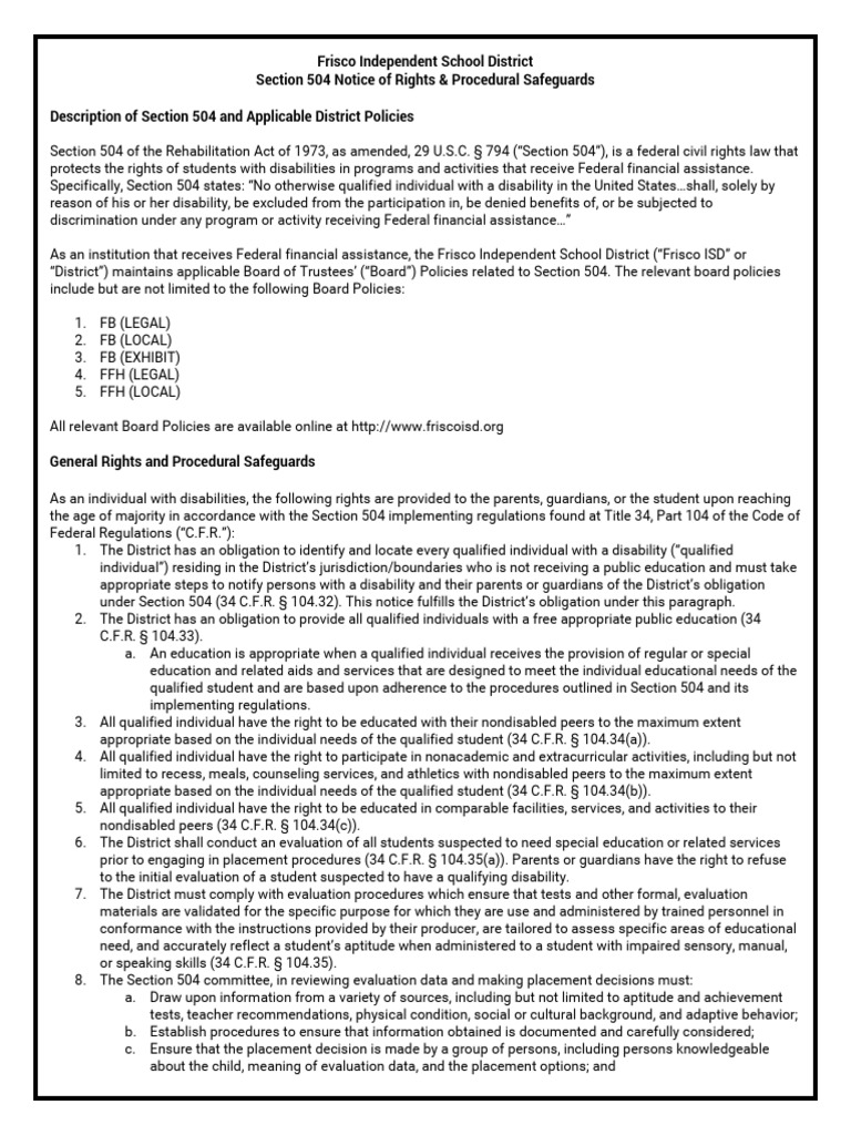 FISD Section 504 Notice of Rights Updated | PDF | Section 504 Of The ...
