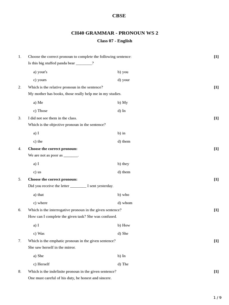 Pronoun Worksheet for Class 7 English | PDF | Pronoun | Syntax