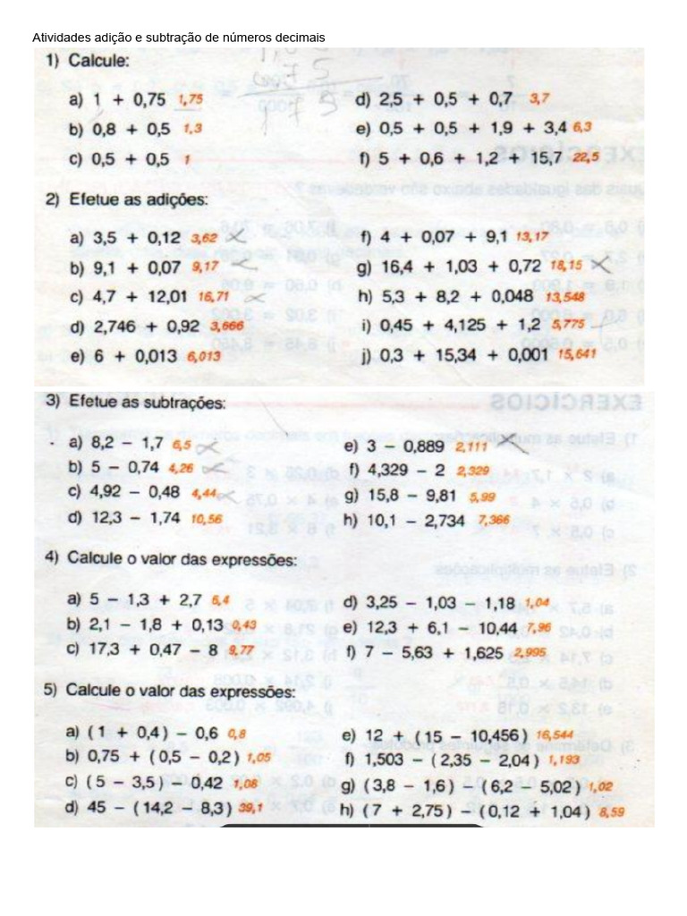 Atividades Adição e Subtração de Números Decimais | PDF