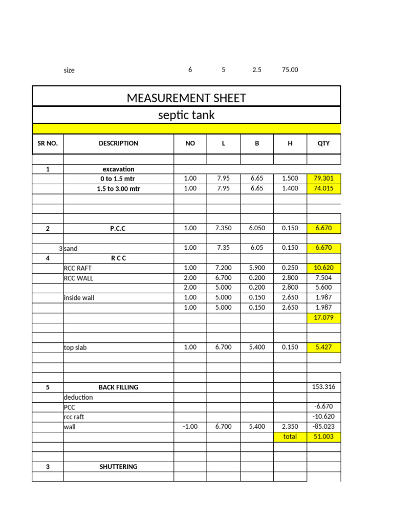 Septic Tank Construction Measurement Sheet | PDF | Concrete | Tile
