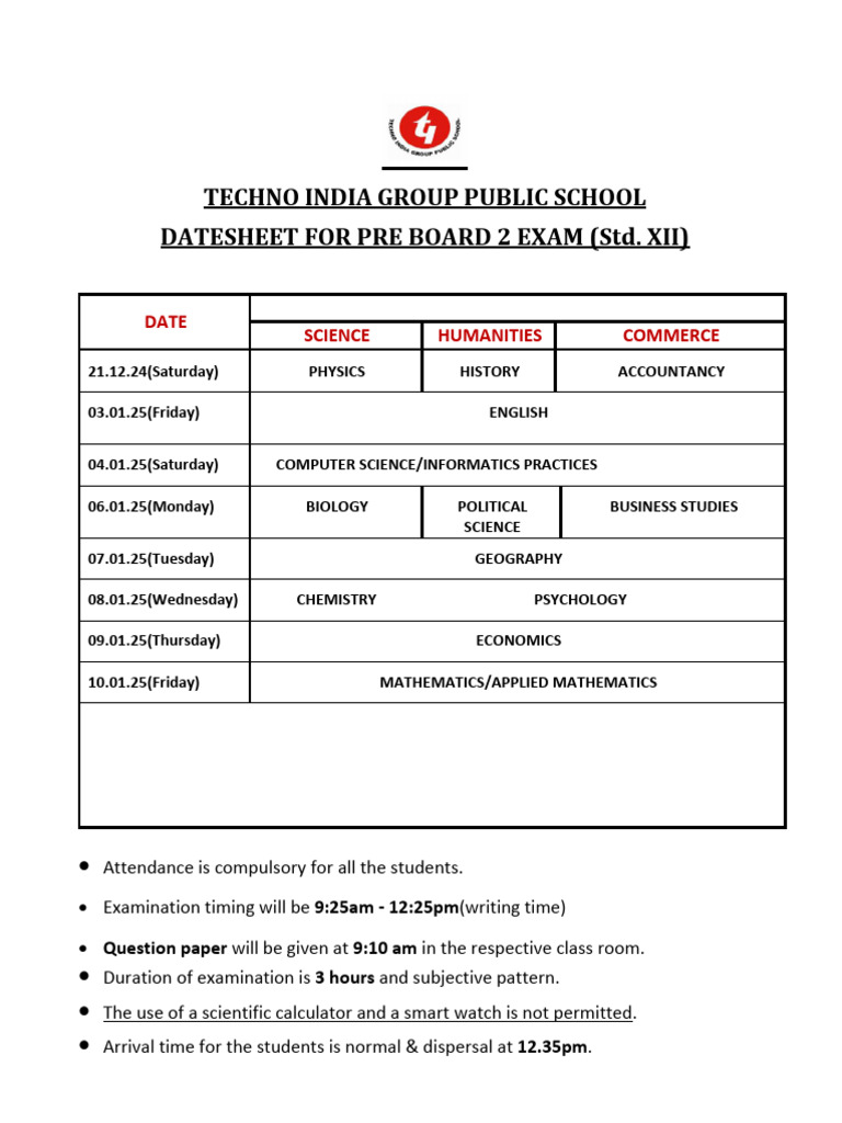 Pre Board 2 Exam Datesheet for Std XII | PDF