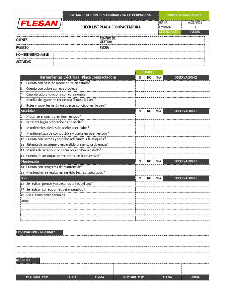 Checklist de Seguridad Placa Compactadora | PDF