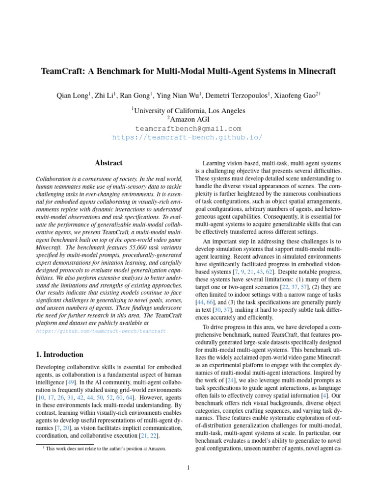 TeamCraft A Benchmark For Multi-Modal Multi-Agent Systems in Minecraft ...