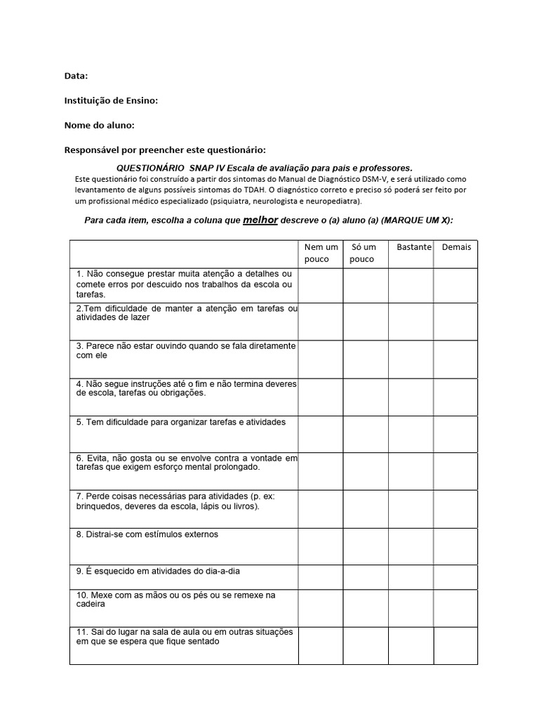 Questionário SNAP-IV para TDAH | PDF | Transtorno de déficit de atenção ...