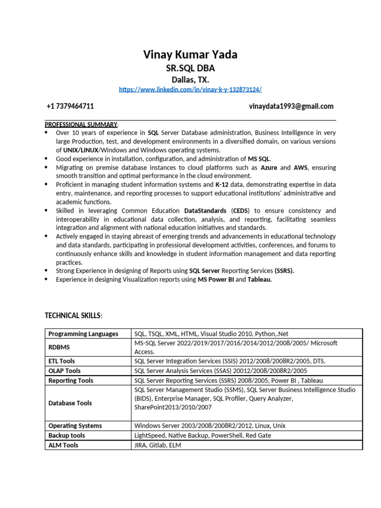 Vinay Kumar DBA | PDF | Microsoft Sql Server | Databases
