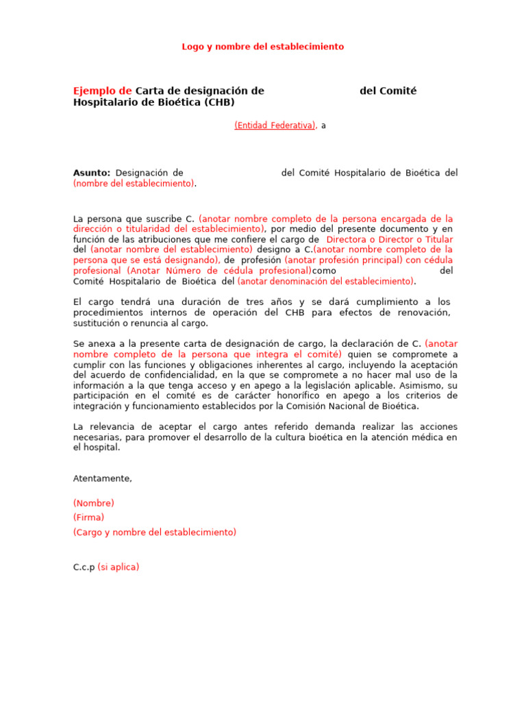 Ejemplo de Carta de Designacion Para Integrantes Del CHB | PDF