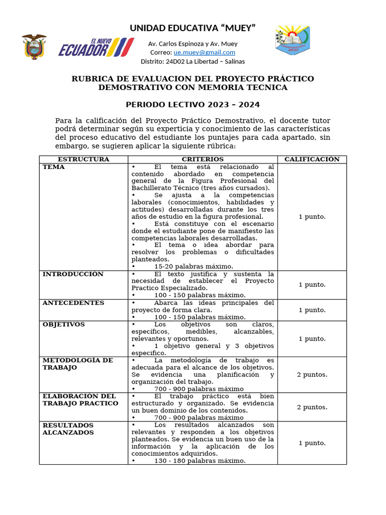 Rubrica de Evaluacion Del Proyecto Práctico Demostrativo Con Memoria ...