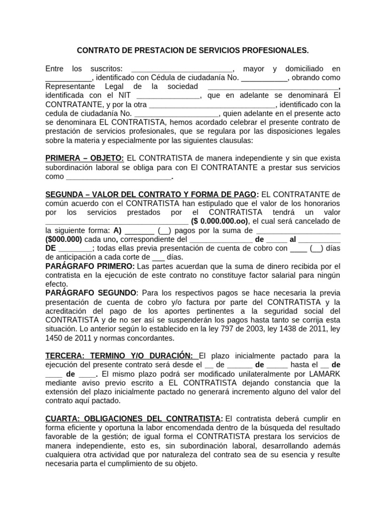 Contrato De Prestación De Servicios Profesionales Pdf 