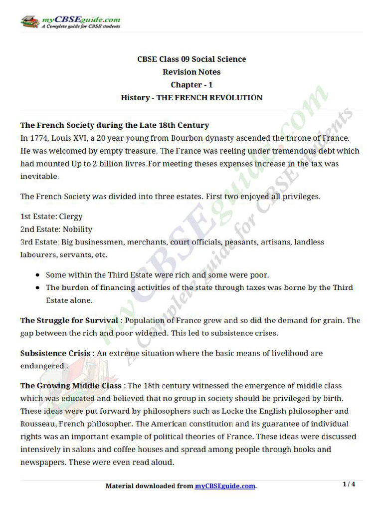 09 Social Science Key Notes History Ch1 The French Revolution | PDF