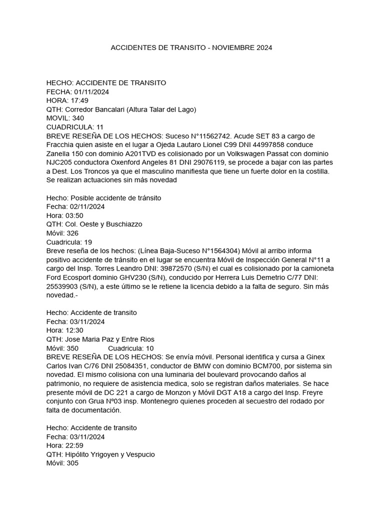 Accidentes de Tránsito Noviembre 2024 | PDF | Accidente de tráfico ...