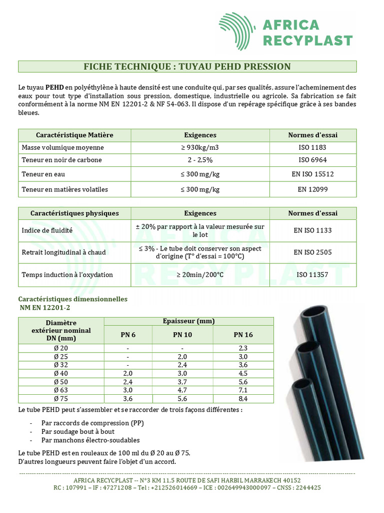 Fiche Technique Tuyau PEHD Pression | PDF | Matériaux