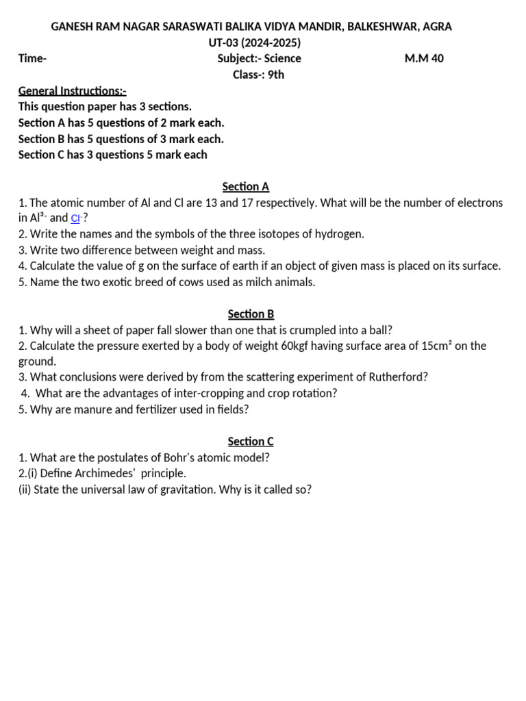 Class 9 Science Question Paper 2024 | PDF