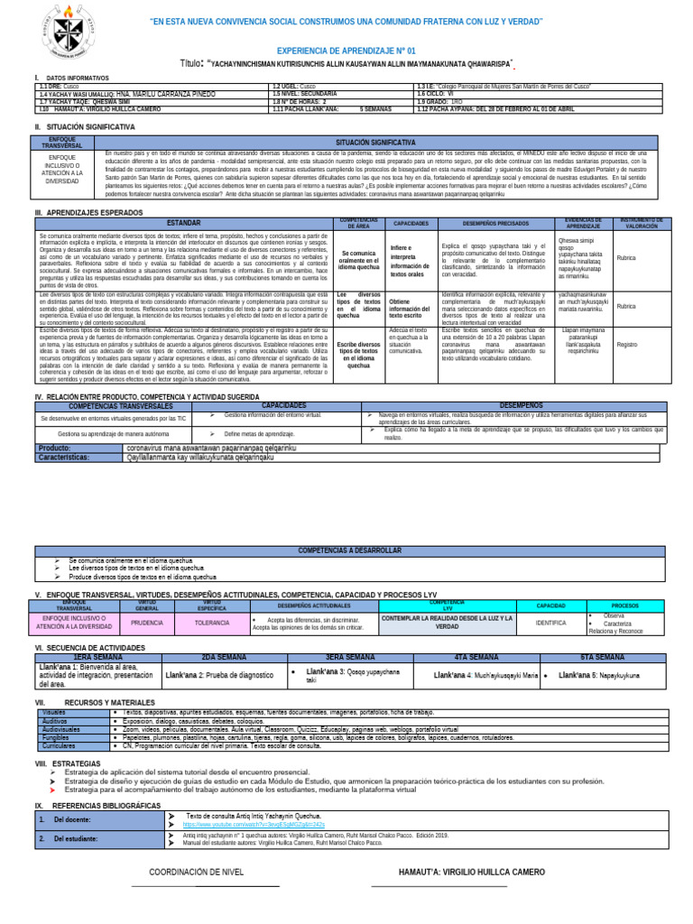 Ea - 01 - Que - 1 - Sec | PDF | Información | Léxico