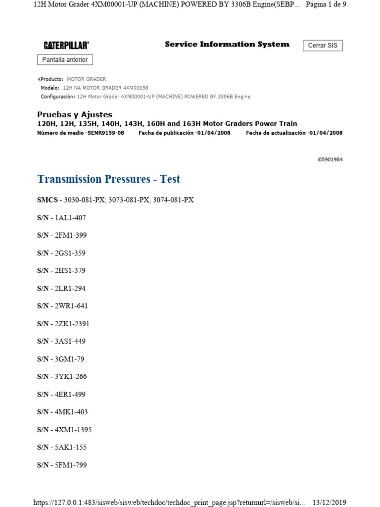 140H Transmission Pressures - Test | PDF | Pressure | Gear