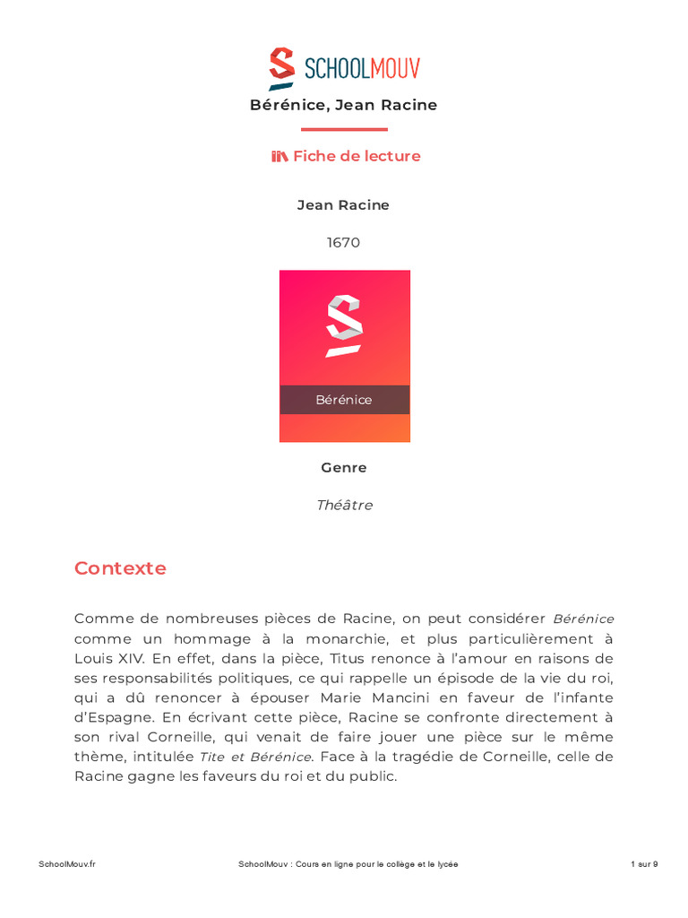 Berenice Jean Racine - Fiche de Lecture | PDF | Jean Racine