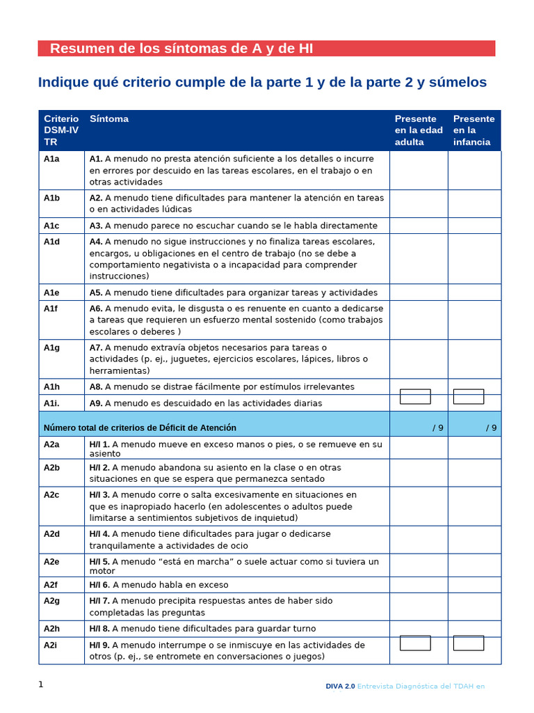 DIVA 2.0: Diagnóstico TDAH Adultos | PDF | Desorden hiperactivo y ...