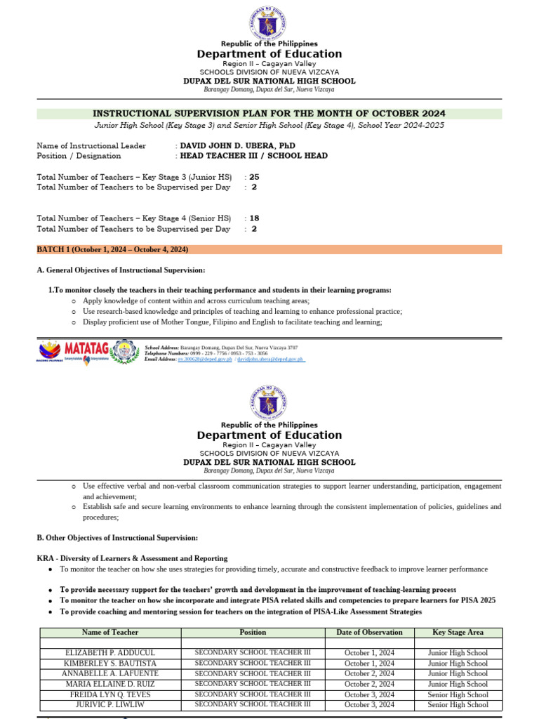 Instructional Supervision Plan October 2024 | PDF | Teachers | Learning