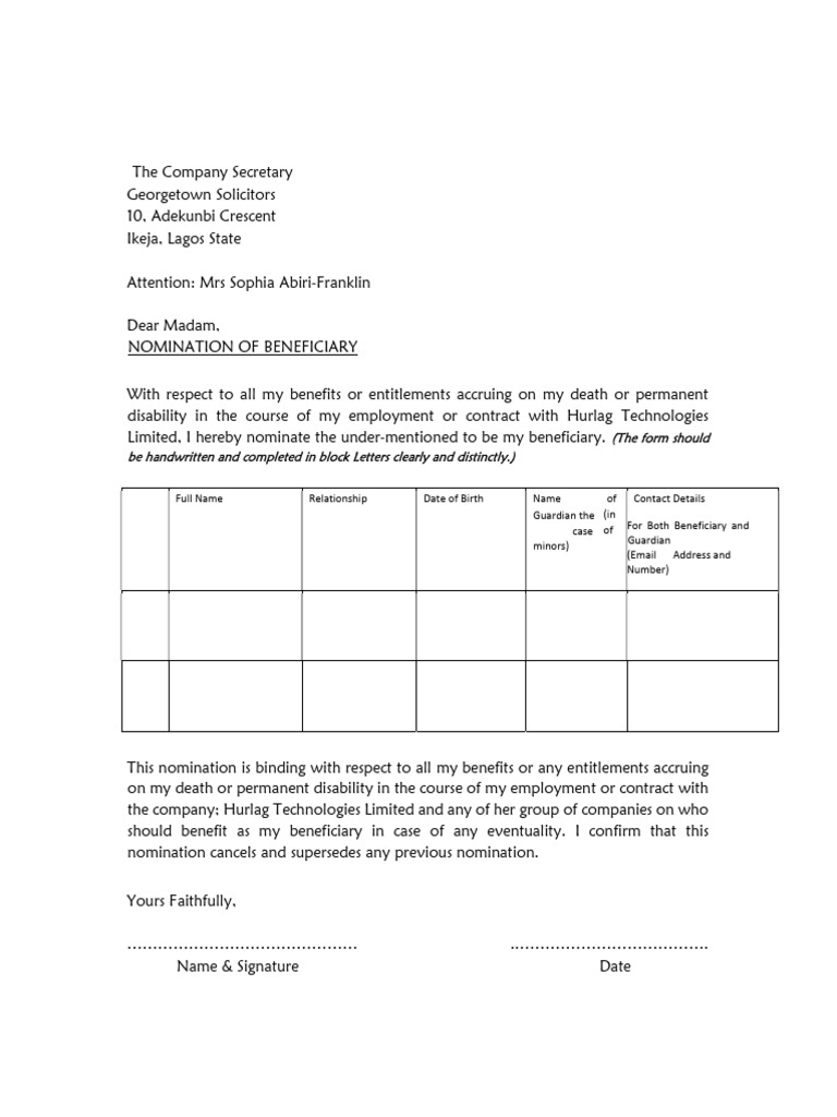 Beneficiary Nomination Form Template | PDF