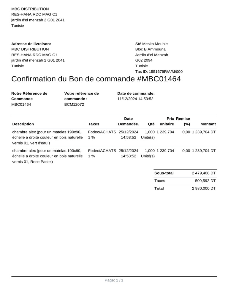 Confirmation de commande MBC01464 | PDF