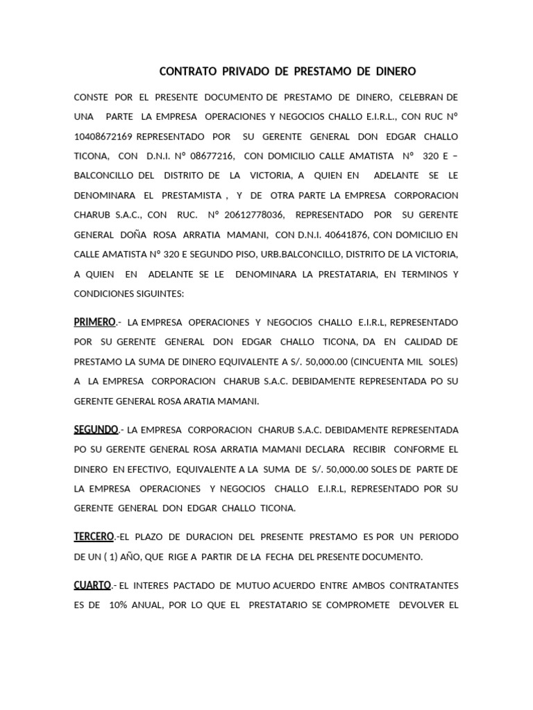 Contrato Privado de Prestamo de Dinero | PDF | Deuda | Ley de obligaciones