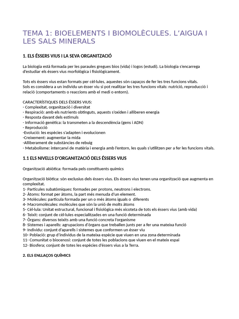 Tema 1 - Bioelements I Biomolècules | PDF
