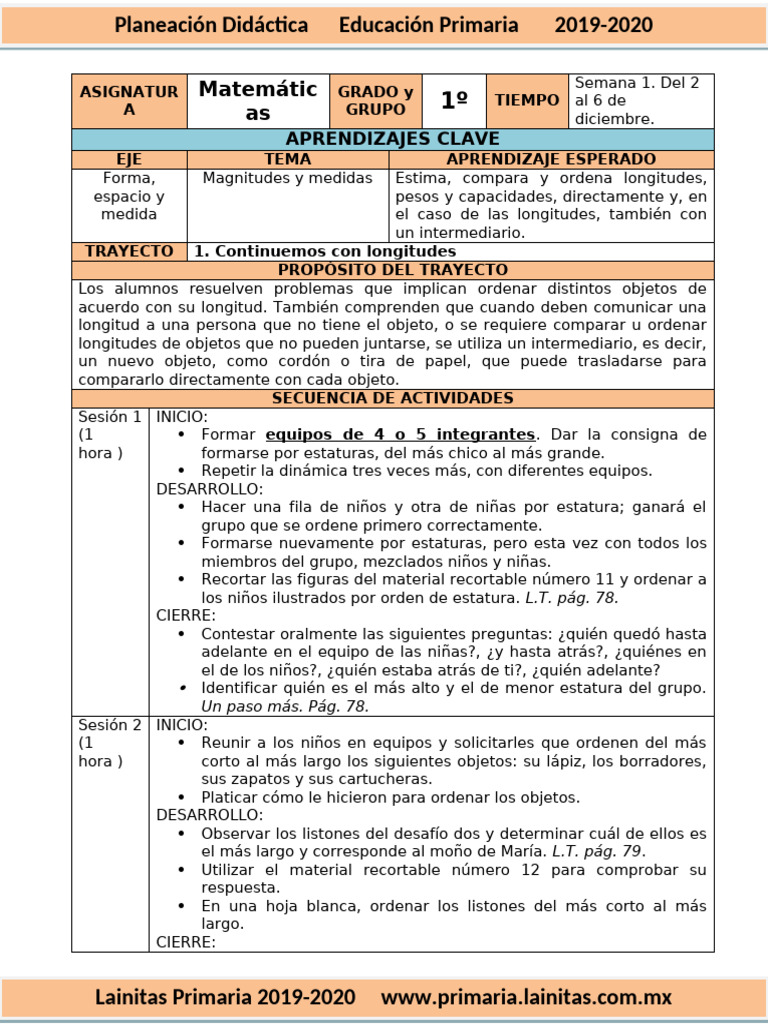 Planeación Didáctica Matemáticas 1º Primaria | PDF | Educación primaria ...