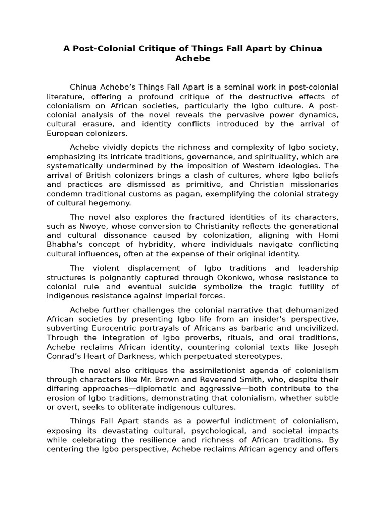 A Post-Colonial Critique of Things Fall Apart by Chinua Achebe | PDF ...