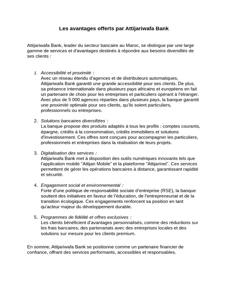 Les avantages offerts par Attijariwafa Bank | PDF