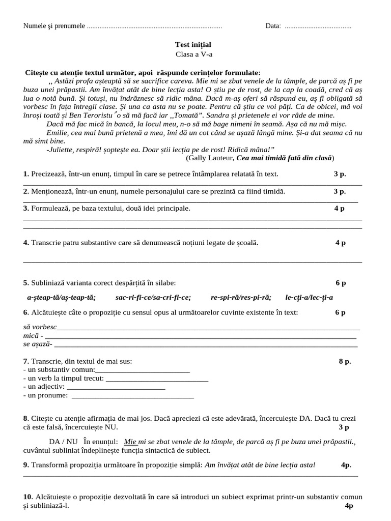 Test Initial Clasa A5a 2024 | PDF