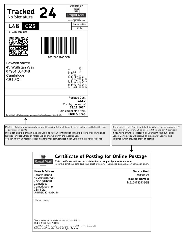 Certificate of Posting for Tracked 24 | PDF | Mail | Postage Stamp