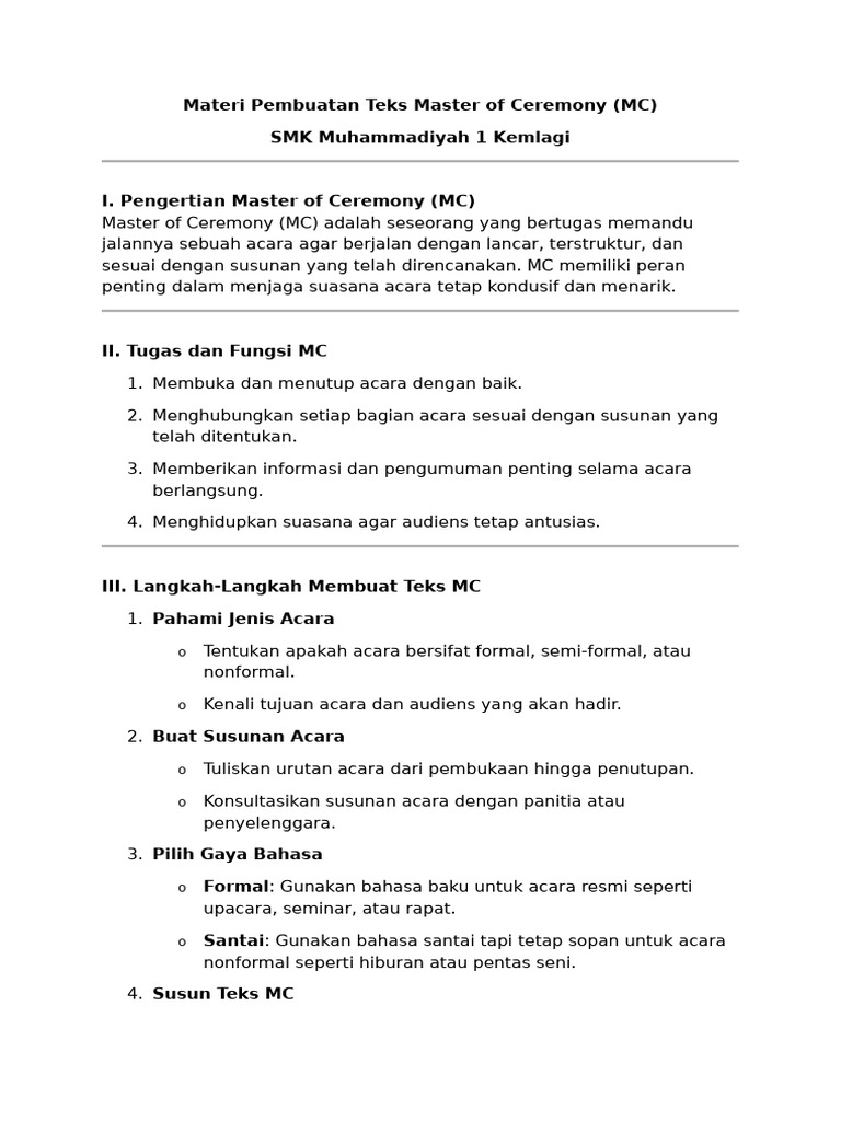 Materi Pembuatan Teks Master Of Ceremony Mc Pdf