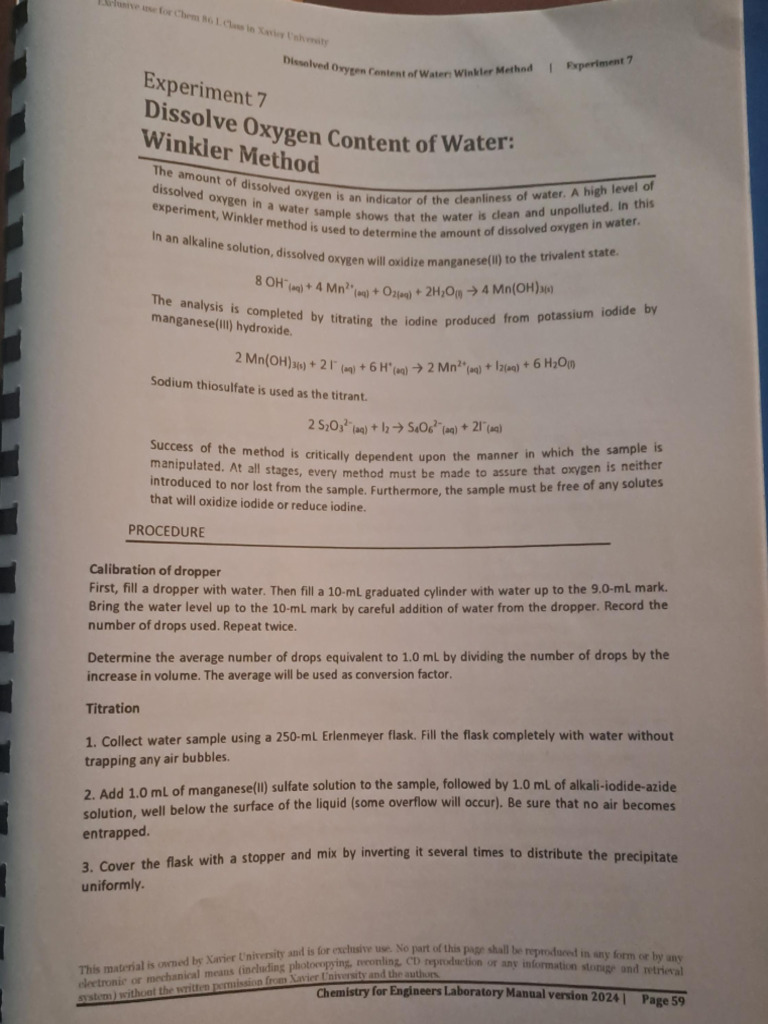 Dissolved Oxygen Measurement: Winkler Method | PDF | Titration | Chemistry