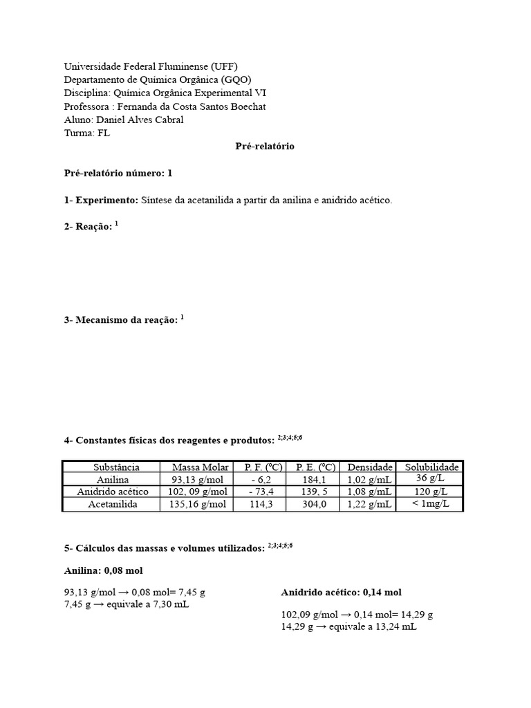 Síntese de Acetanilida: Pré-relatório UFF | PDF | Processos unitários ...