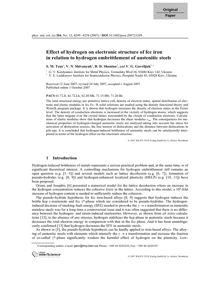Physica Status Solidi A - 2007 - Teus - Effect of Hydrogen On ...