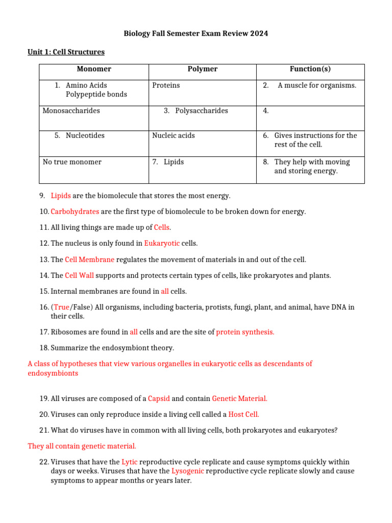 Biology Fall Exam Review Guide | PDF | Cell (Biology) | Cell Membrane