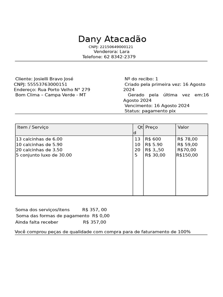 Recibo de Compra - Dany Atacadão | PDF