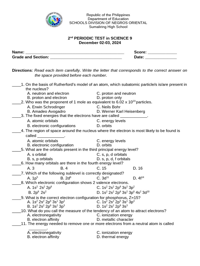 Periodic test science 9 q2 pdf chemical bond ionic bonding