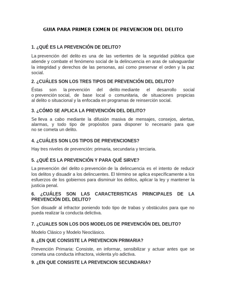GUIA DE PRIMER EXAMEN DE PREVENCION DEL DELITO | PDF | Prevención del ...