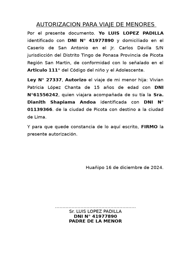 Autorización de Viaje para Menores | PDF