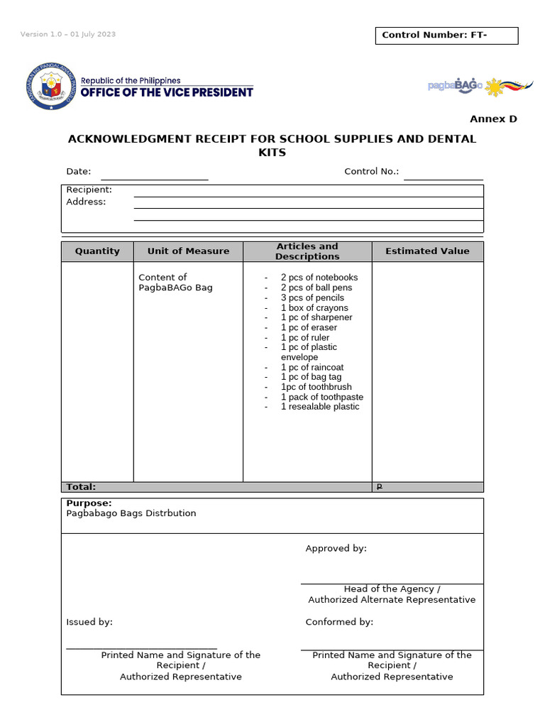 Annex D Acknowledgment Receipt For School Supplies and Dental Kits 1 1 ...