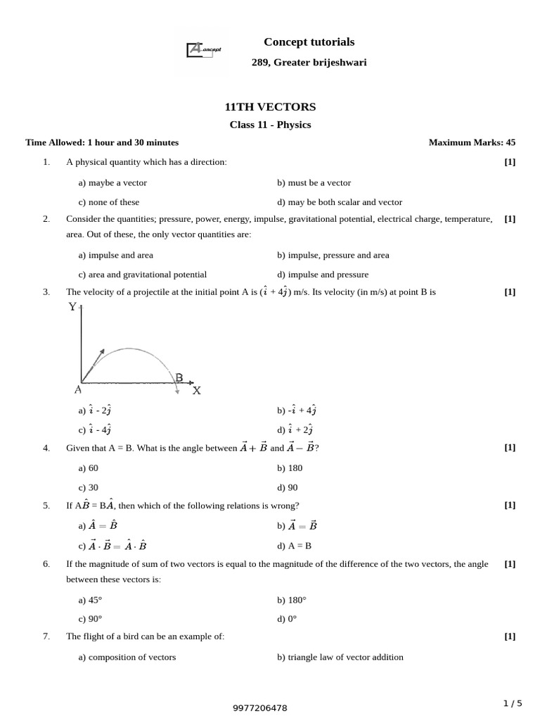 Class 11 Physics Vectors Practice Questions | PDF | Euclidean Vector ...