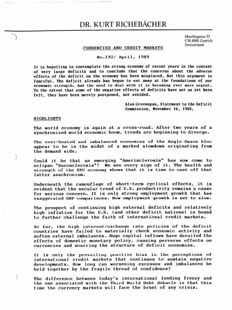 192 - The Richebacher Letter - April 1989, Amerisclerosis - The Eclipse ...