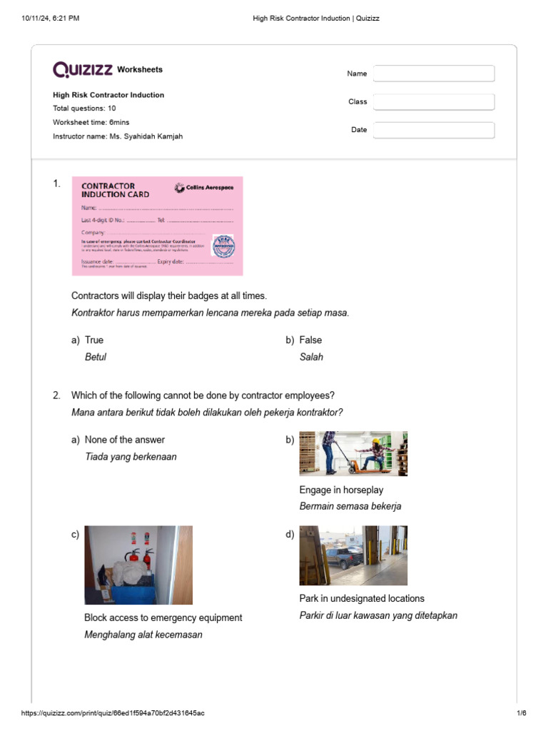 Contractor Safety Induction Quiz | PDF | Safety
