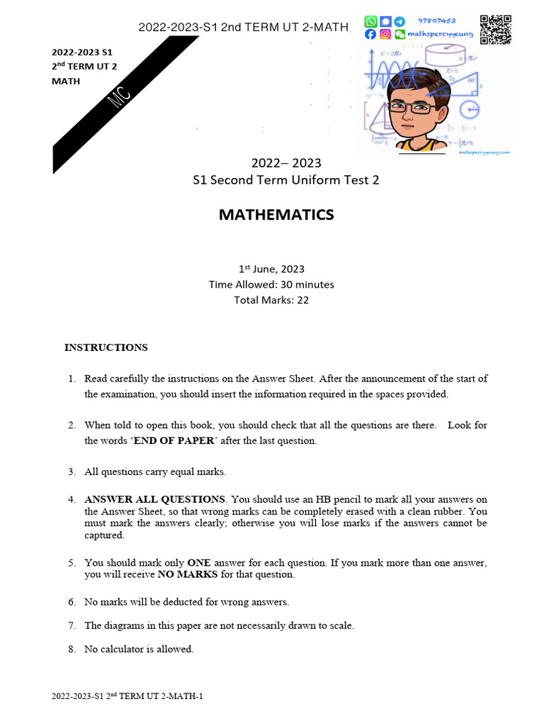 S1 2nd Term Math Exam Paper 2023 | PDF | Geometry | Mathematics