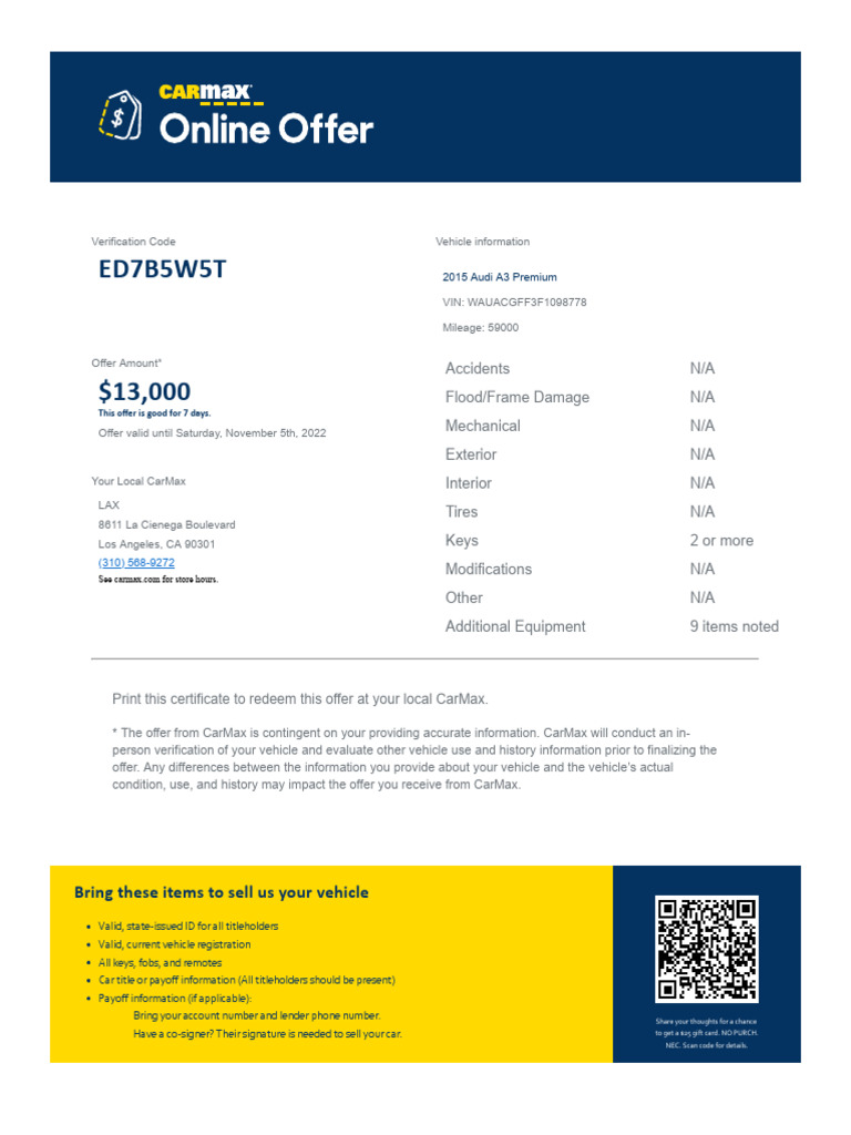CarMax Vehicle Appraisal Offer Details | PDF | Car | Vehicles