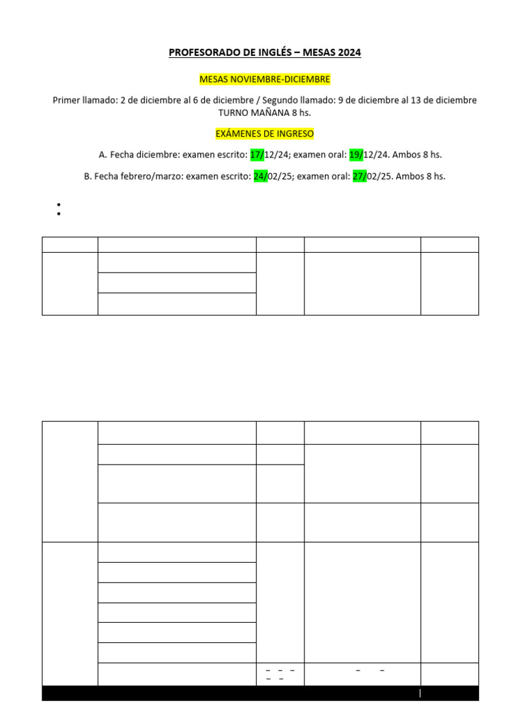 Mesas de Exámenes Inglés 2024 | PDF | Laboratorios | Educación en artes ...