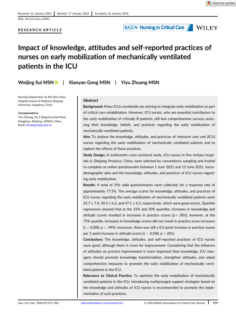 Nursing in Critical Care - 2024 - Sui - Impact of Knowledge Attitudes ...