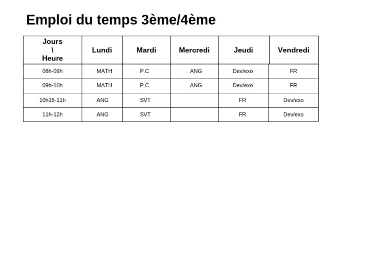 Emploi Du Temps 3ème 4ème | PDF
