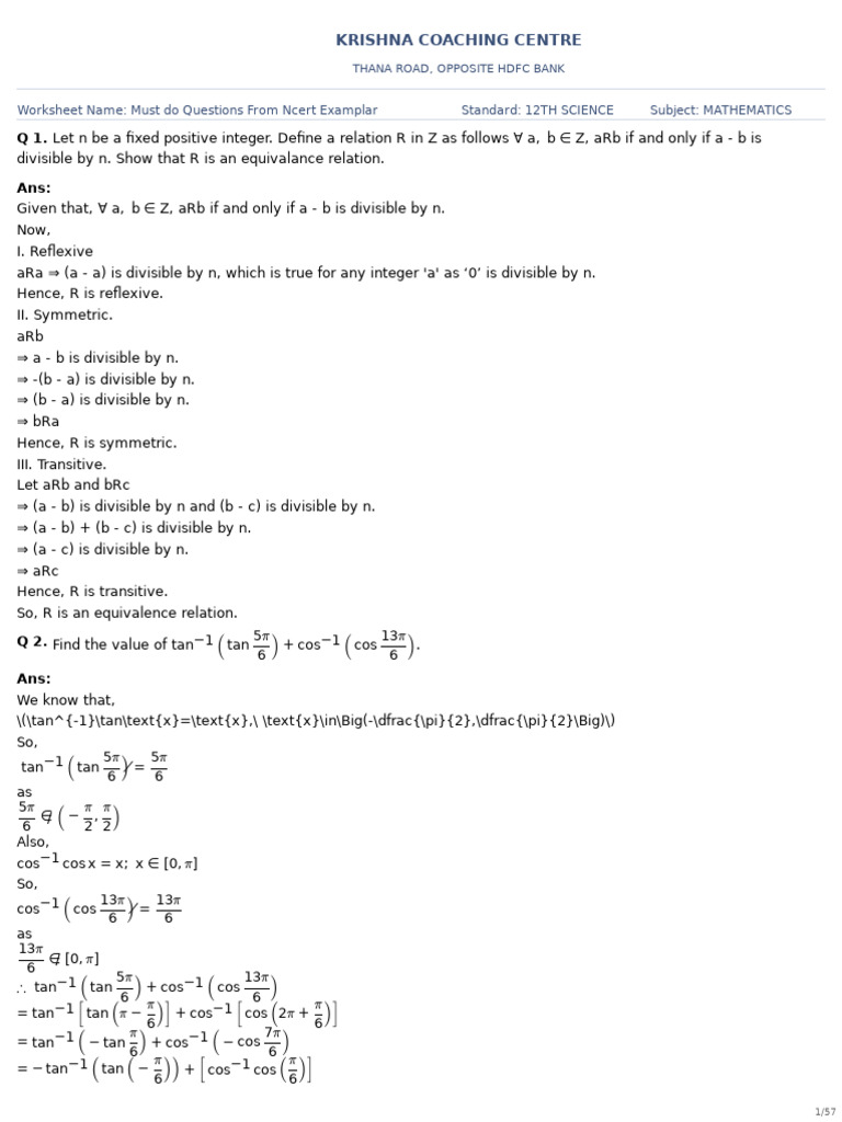 Must do Questions From Ncert Examplar -12TH SCIENCE-MATHEMATICS ...